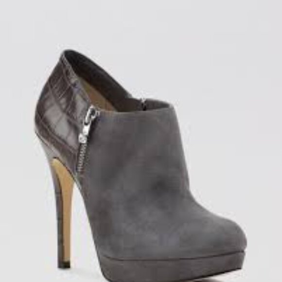 Michael Kors Women's Gray Brown York Suede Leather Platform Heeled Bootie Sz 7.5 - Picture 1 of 7